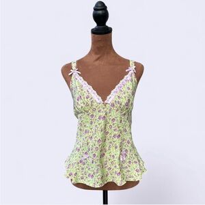Betsey Johnson y2k era green & purple floral spaghetti strap tank top